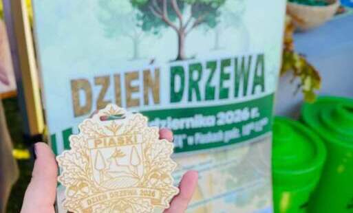 Zdjęcie przedstawia liść klonu wykonany ze sklejki,  na nim herb gminy i napis Dzień drzewa
